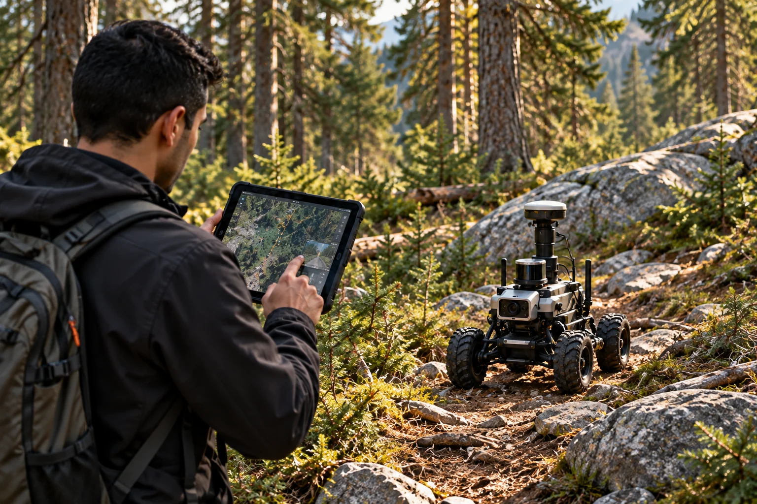 Field technician controlling a rugged ground rover in a forest