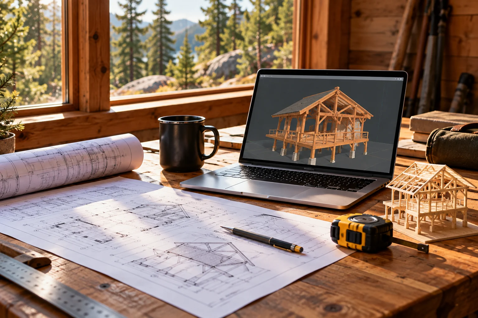 Project plans, timber structure design, and computer model on a workshop desk