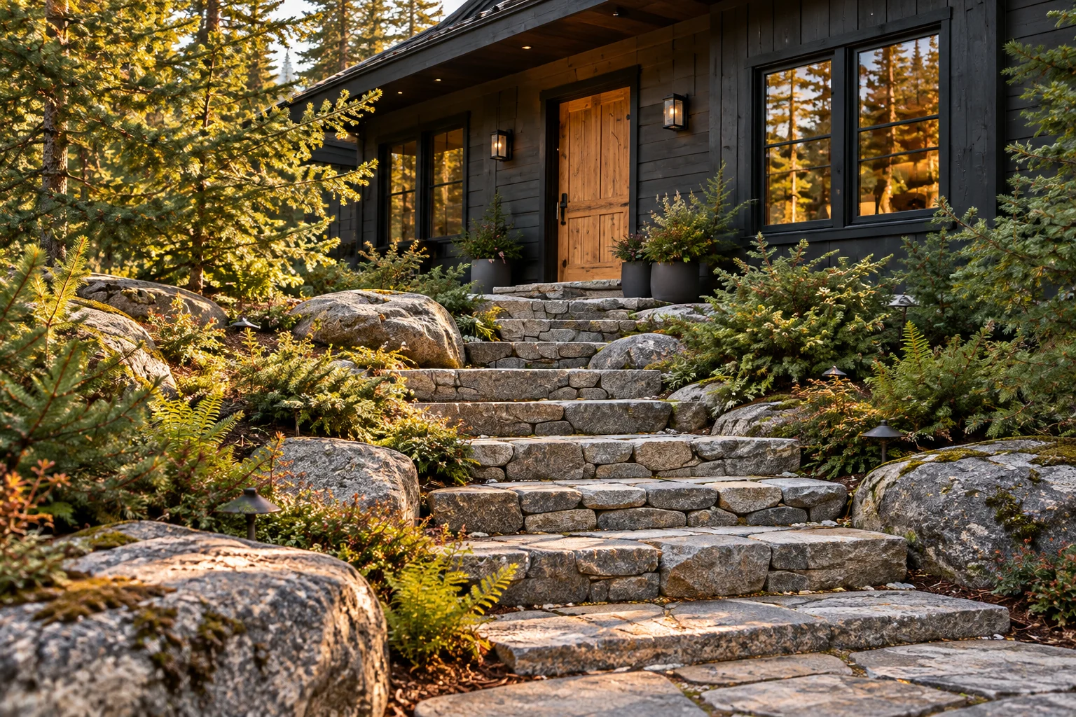 Finished stone walkway and landscaping leading to a modern cabin