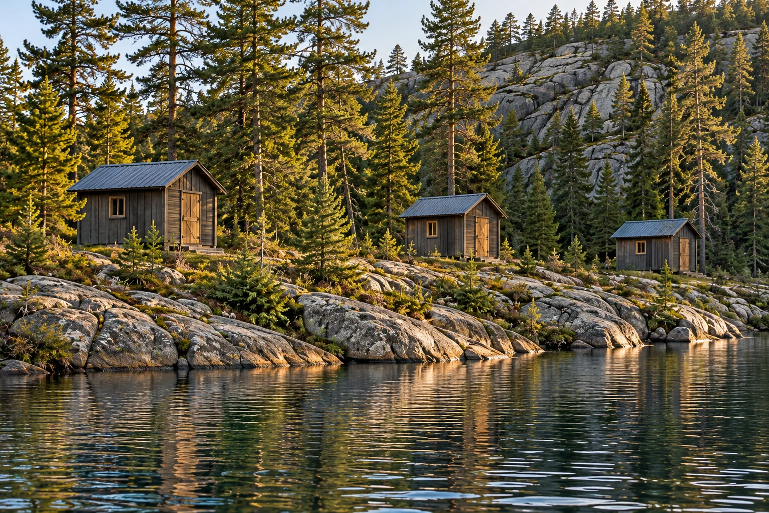 Small off-grid cabins on rocky Canadian Shield shoreline beside the water